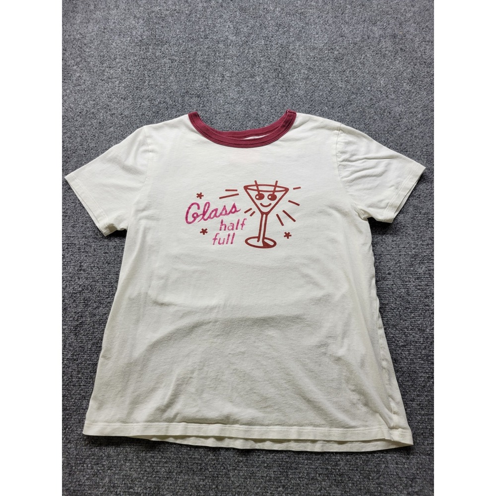 Ban.do Glass Half Full Ringer Tee Cream Burgundy Graphic Martini Shirt Medium